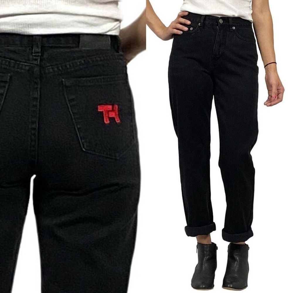 Vintage Y2K Tommy Hilfiger Black Straight Leg Jeans with Red Logo on Back Pocket